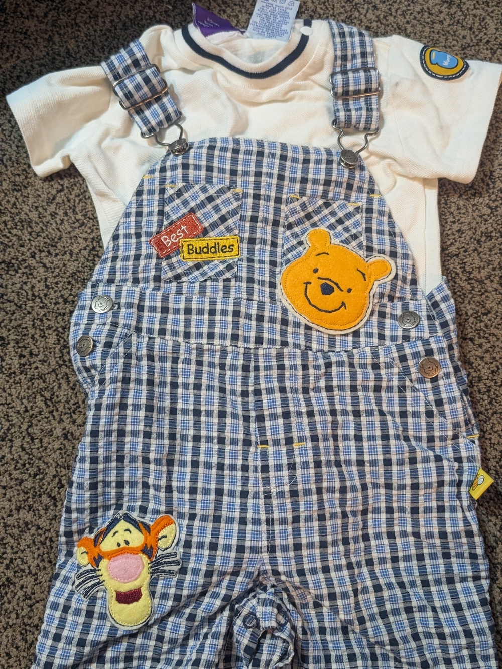 Vintage Y2K Winnie the Pooh Blue Plaid Overalls with Cream Tee - Best Buddies